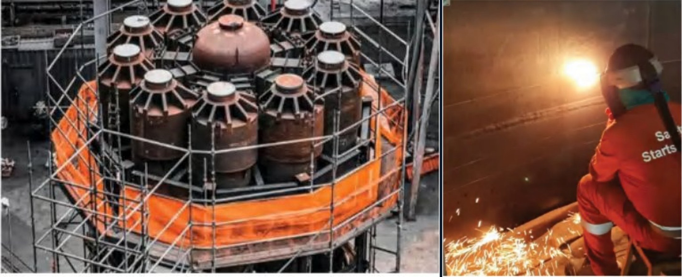 Sameep brochure: FCCU internals and coke-drum weld overlay.